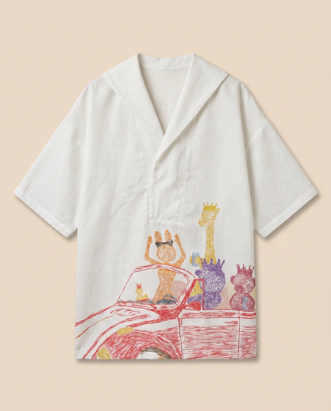 White Not Toys short-sleeve summer shirt with illustrated beach story artwork